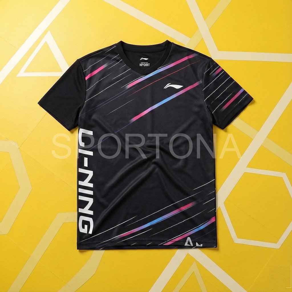 Li-Ning Unisex Quick Dry Active Wear Black with Geometric Design Jersey T Shirt