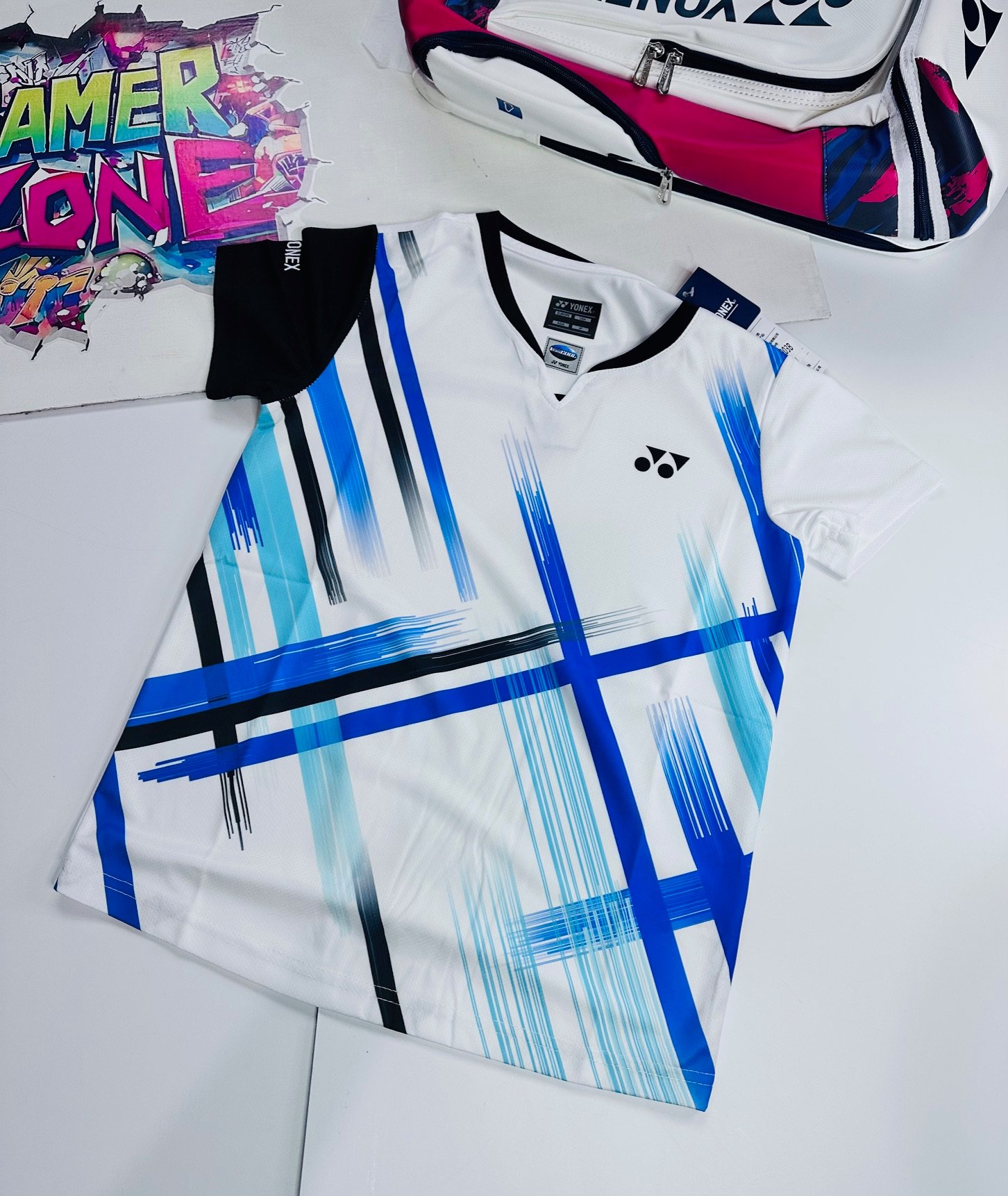 Yonex Men Quick Dry Active Wear White and Blue Jersey T Shirt - Image 5