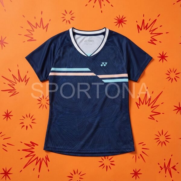 Yonex Ladies Quick Dry Active Wear Navy Blue Stripes Jersey T Shirt